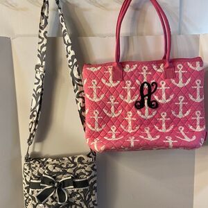 2 N.Gil Gray white quilted crossbody and Pink white anchor A monogram tote lot